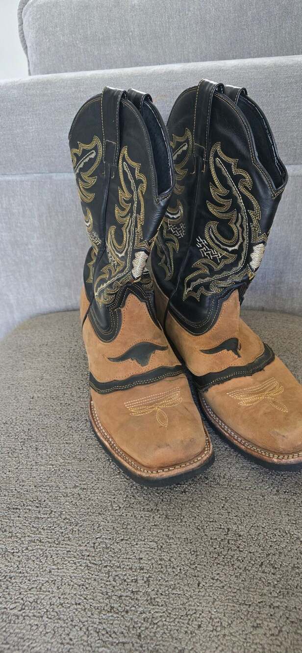 Longhorn Western Cowboy Boots Sand Black Square Toe size 11